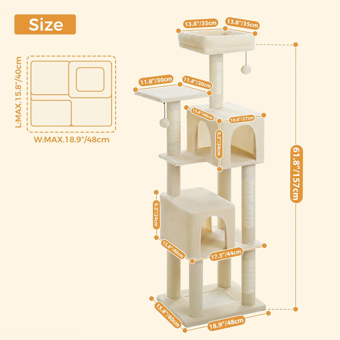 Cat Tree Tower with 2 Condos, Scratching Posts, Perch