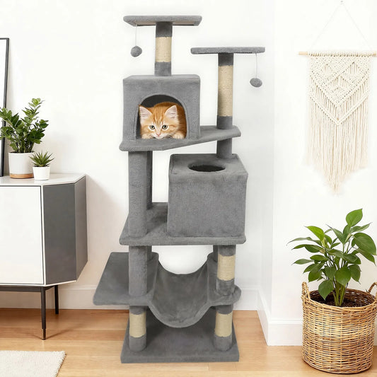 57" Cat Tree for Indoor Cats w/ Dual Condos Hammock