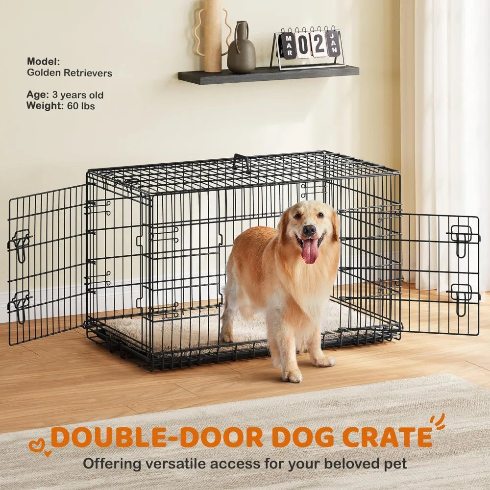 42in Double Door Dog Crate with Divider, Collapsible Metal, Travel, Black