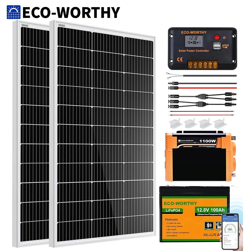 200W Solar Panel Kit + 30A Charge Controller + 100Ah Battery + 1100W Premium Solar Inverter