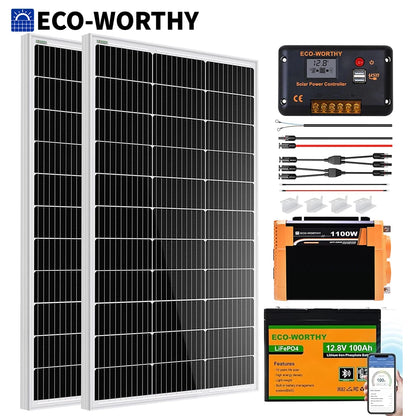 200W Solar Panel Kit + 30A Charge Controller + 100Ah Battery + 1100W Premium Solar Inverter