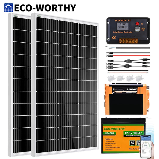 200W Solar Panel Kit + 30A Charge Controller + 100Ah Battery + 1100W Premium Solar Inverter