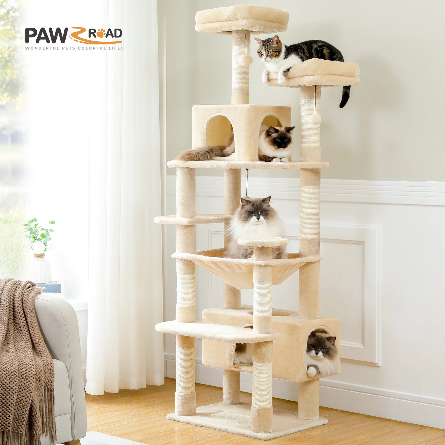 Cat Tree Tower W/ Scratching Posts& Hammock, Condo, Perch, Dangling Balls