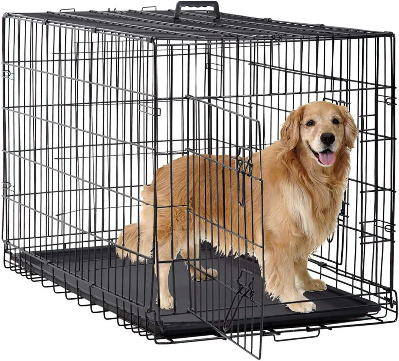 48" Black Foldable Metal Dog Kennel Double Doors