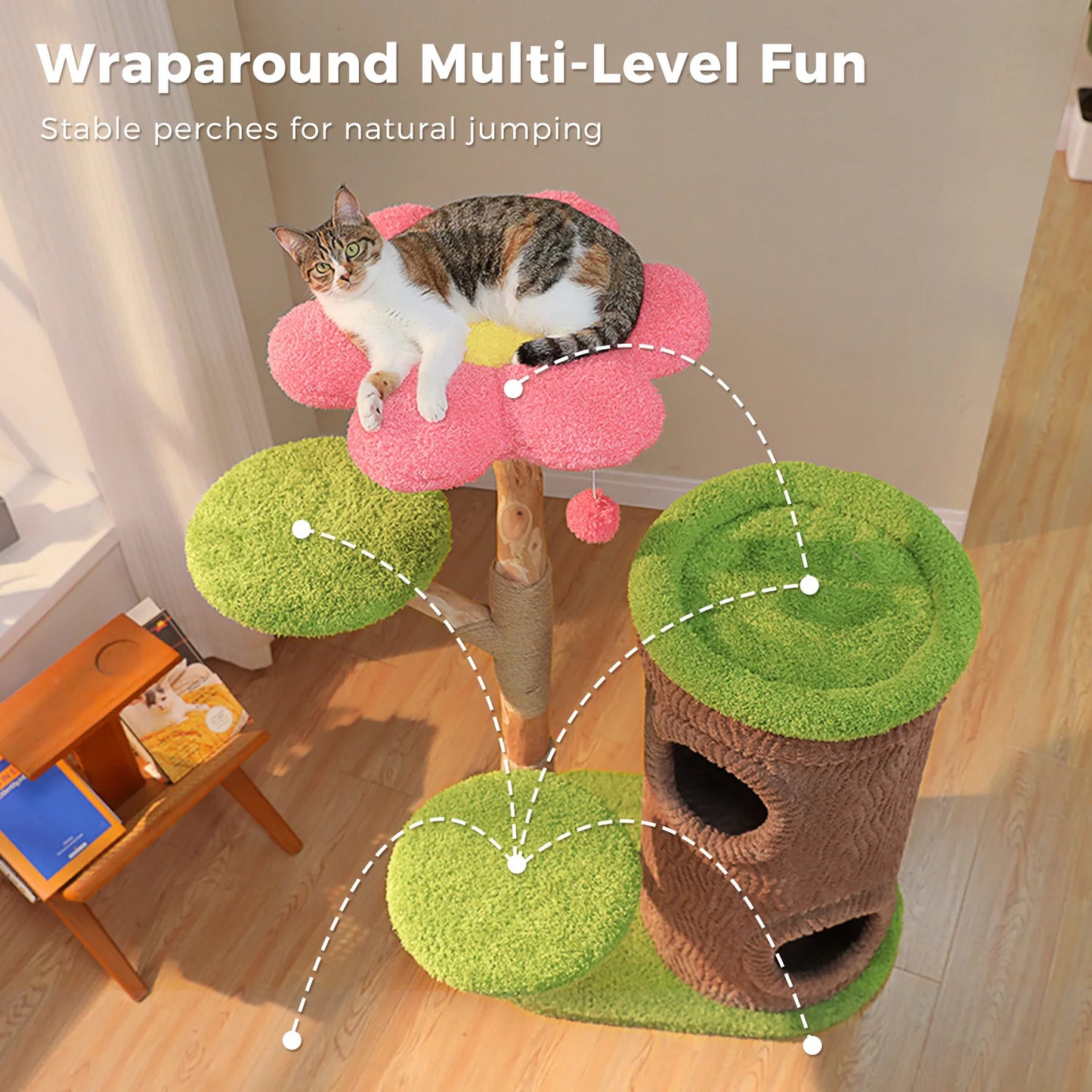 Large Cat Tree with 4 Spacious Condos Top Bed