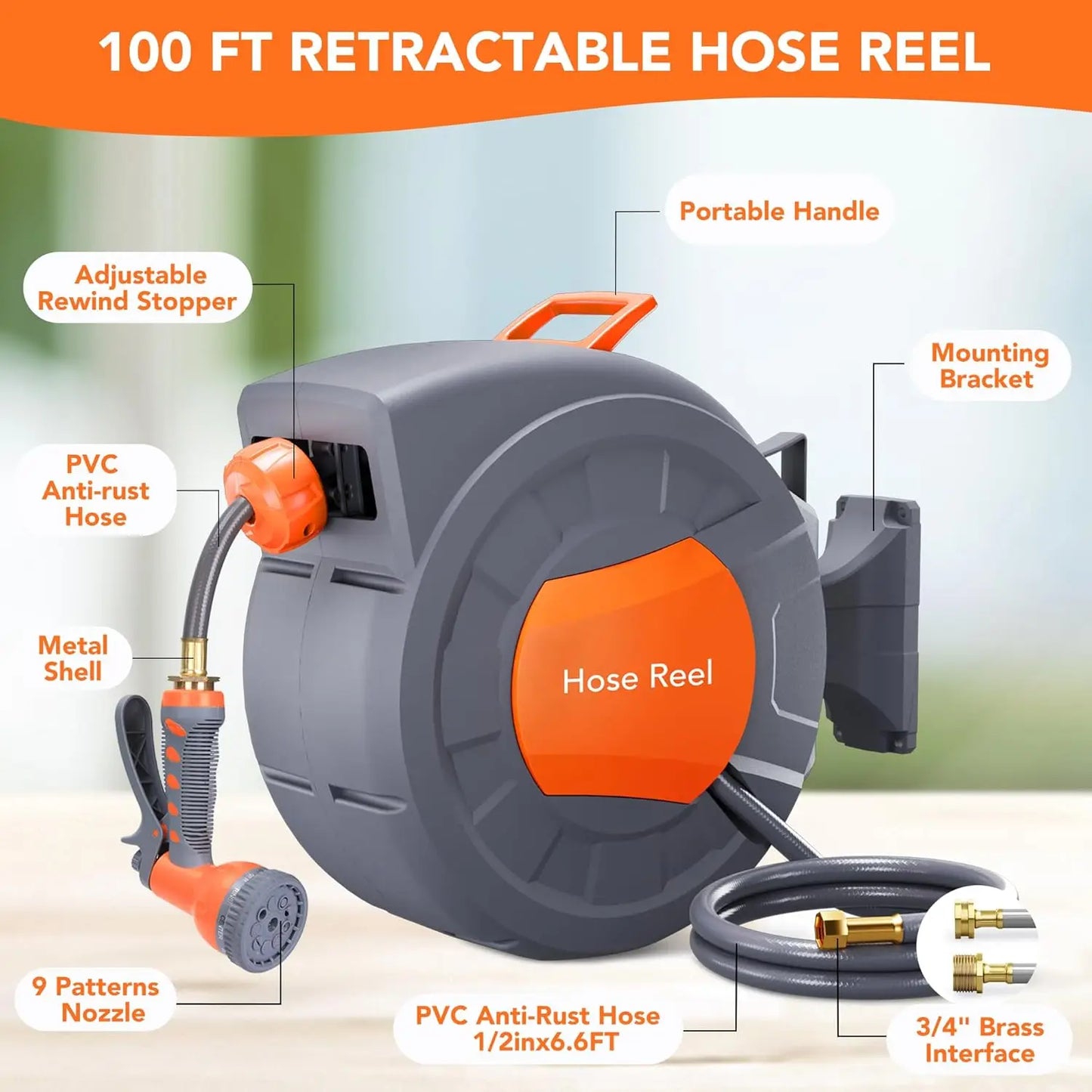 Retractable Garden Hose Reel 1/2 In x 100 FT