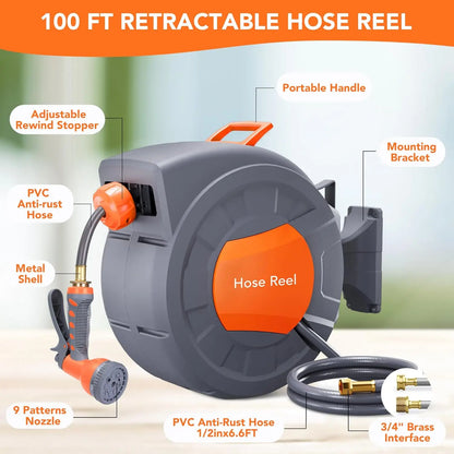 Retractable Garden Hose Reel 1/2 In x 100 FT
