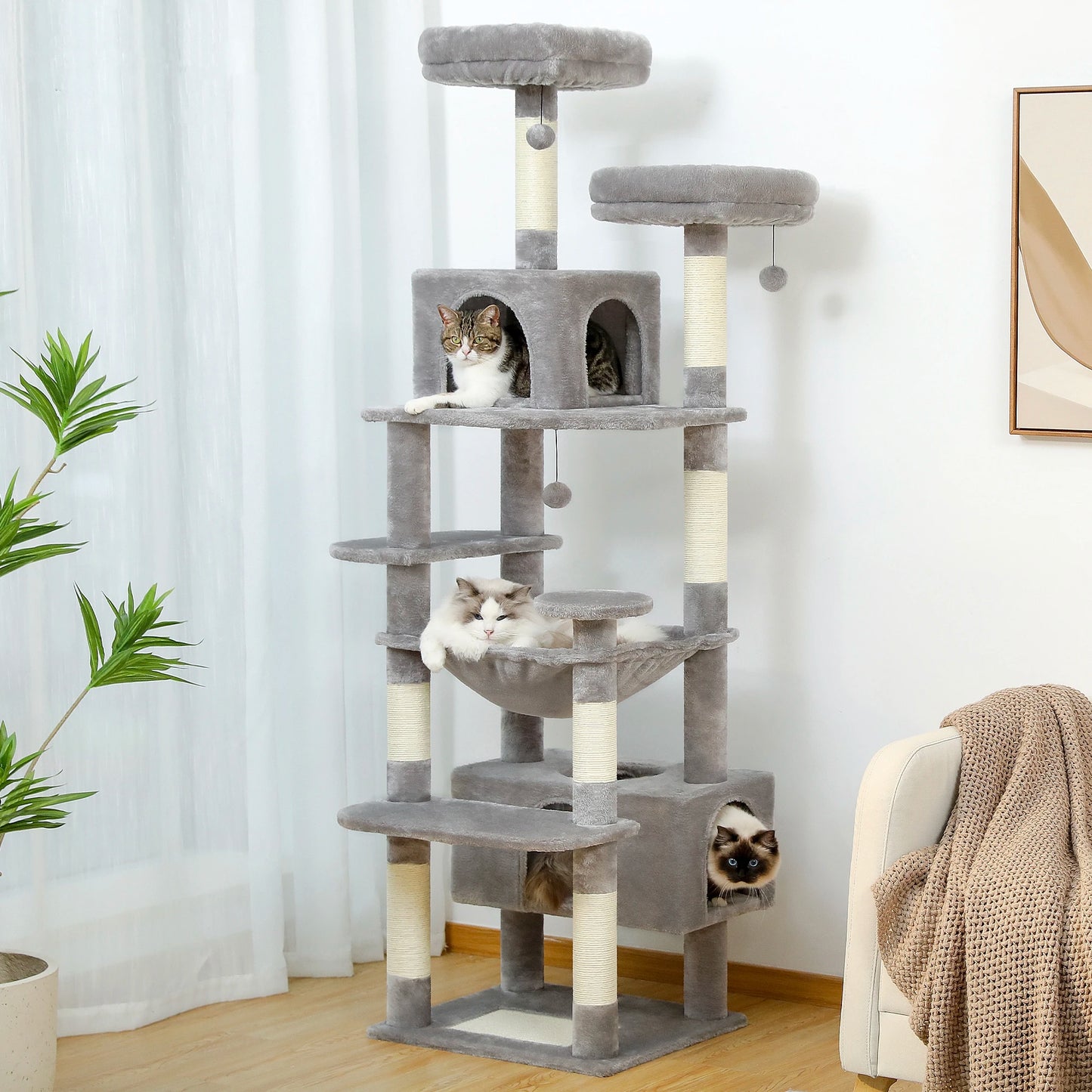 Cat Tree Tower W/ Scratching Posts& Hammock, Condo, Perch, Dangling Balls