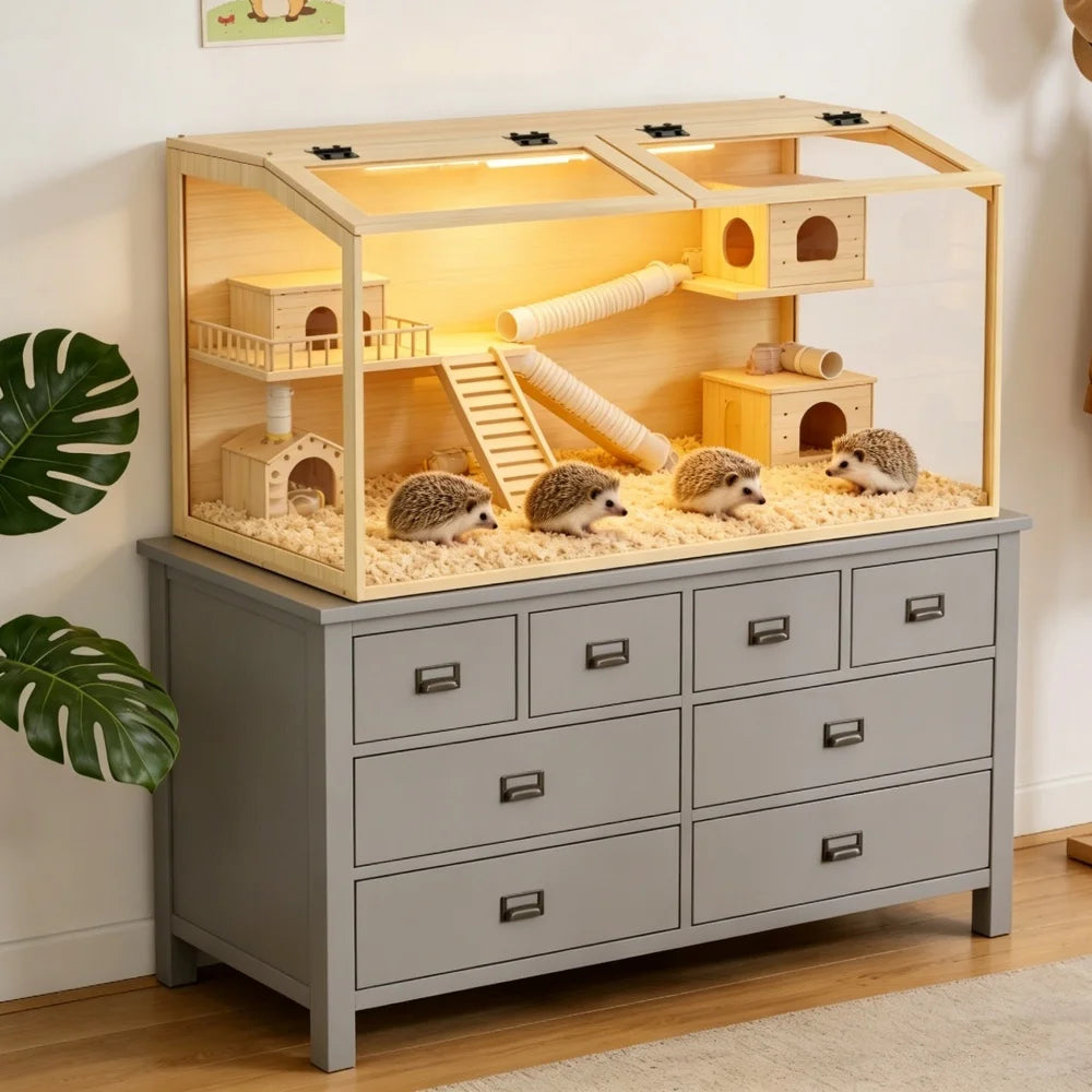 Large Wooden Hamster Cage Clear Tempered Glass
