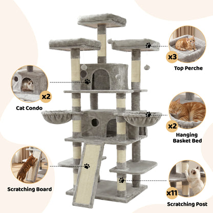 173cm 68in Cat Tree Tower, 2 Condos 3 Perches Scratching Post