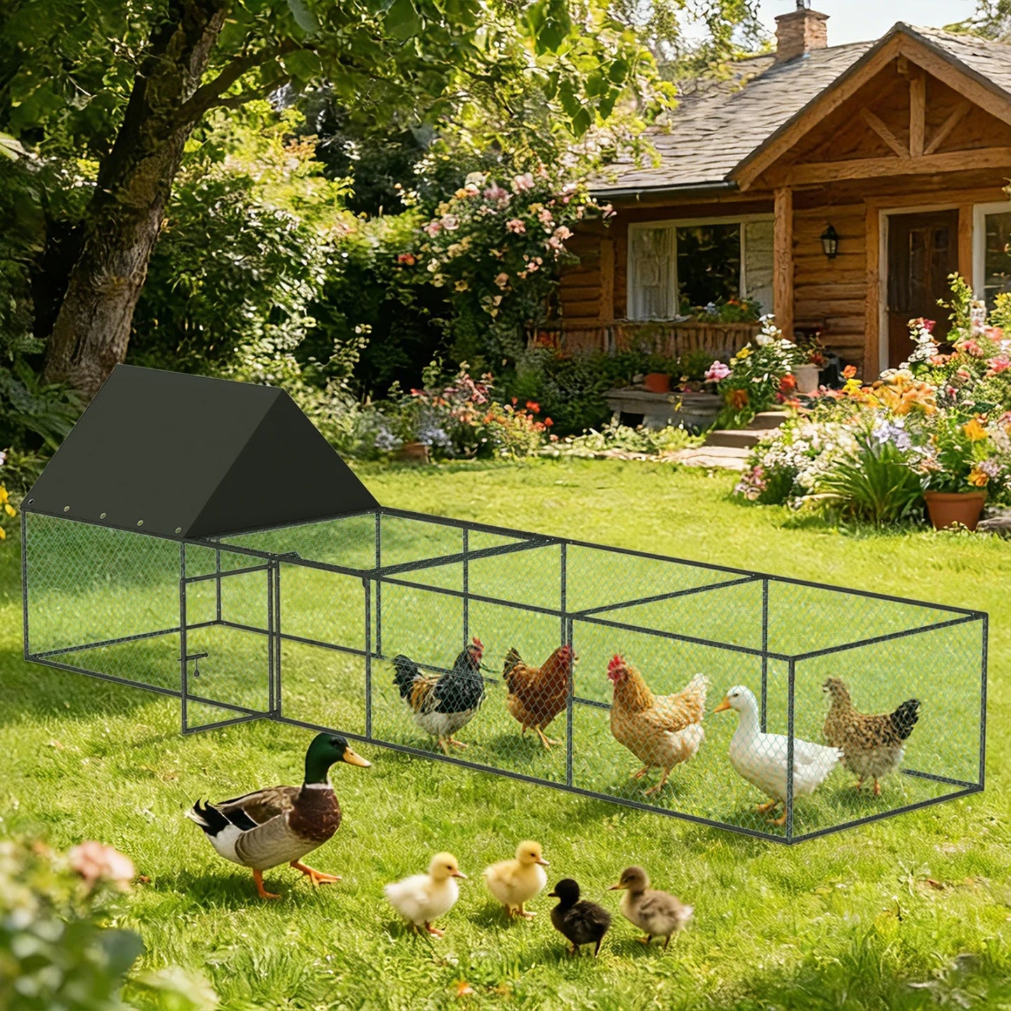 319cm Length Metal Chicken Coop, W/ Run, Netting, Cover