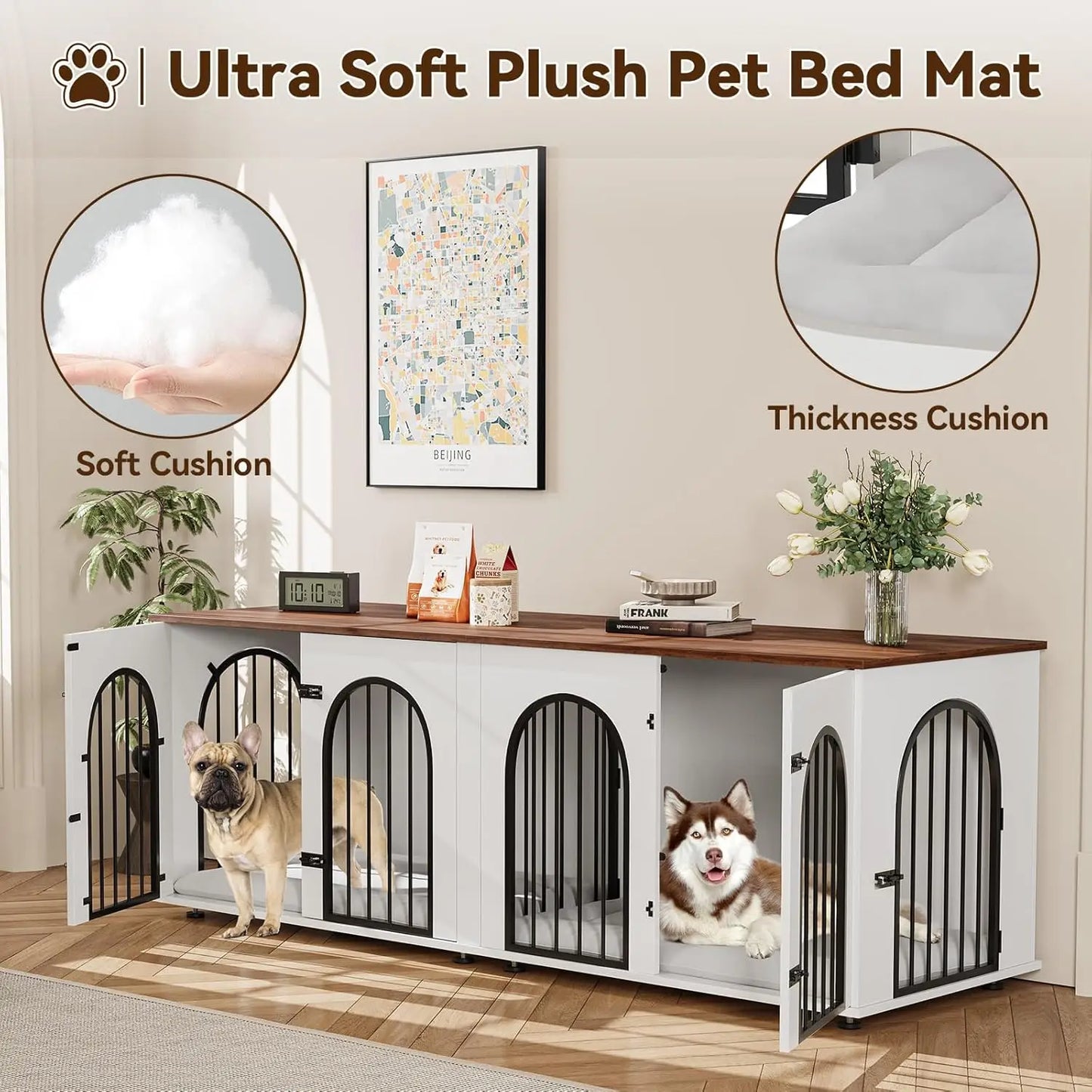 Dog Crate Furniture for 2 Dogs, 71" Indoor/w Cushions