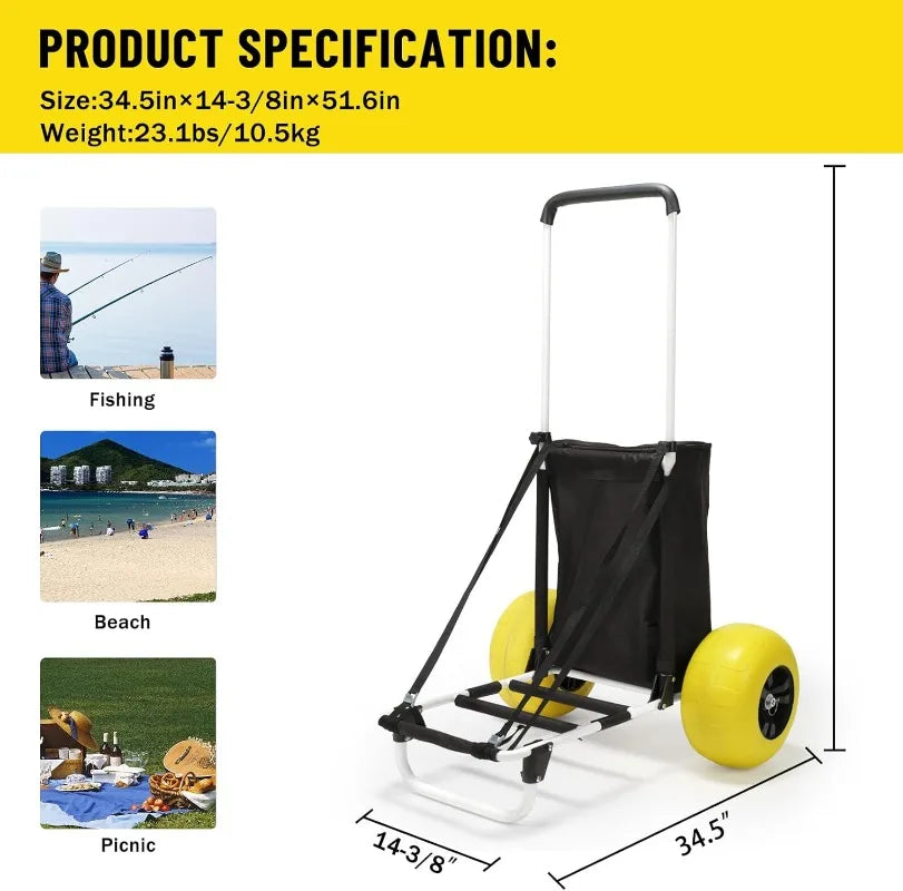 Beach Fishing Cart, 13” 165LBS Big Balloon Wheels