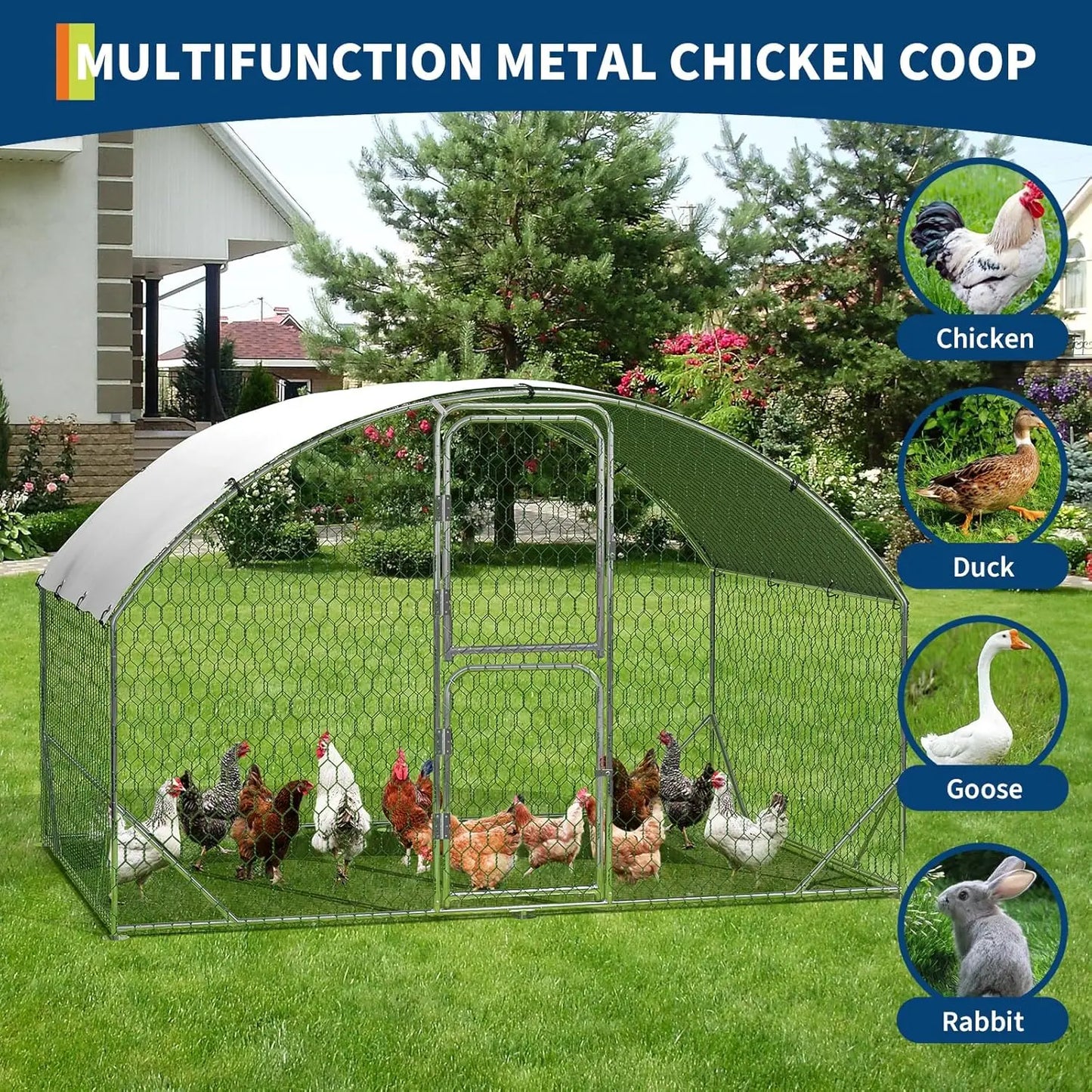Metal Chicken Coop Walk-in Poultry Cage 9.8 x 6.5 x 6.5ft