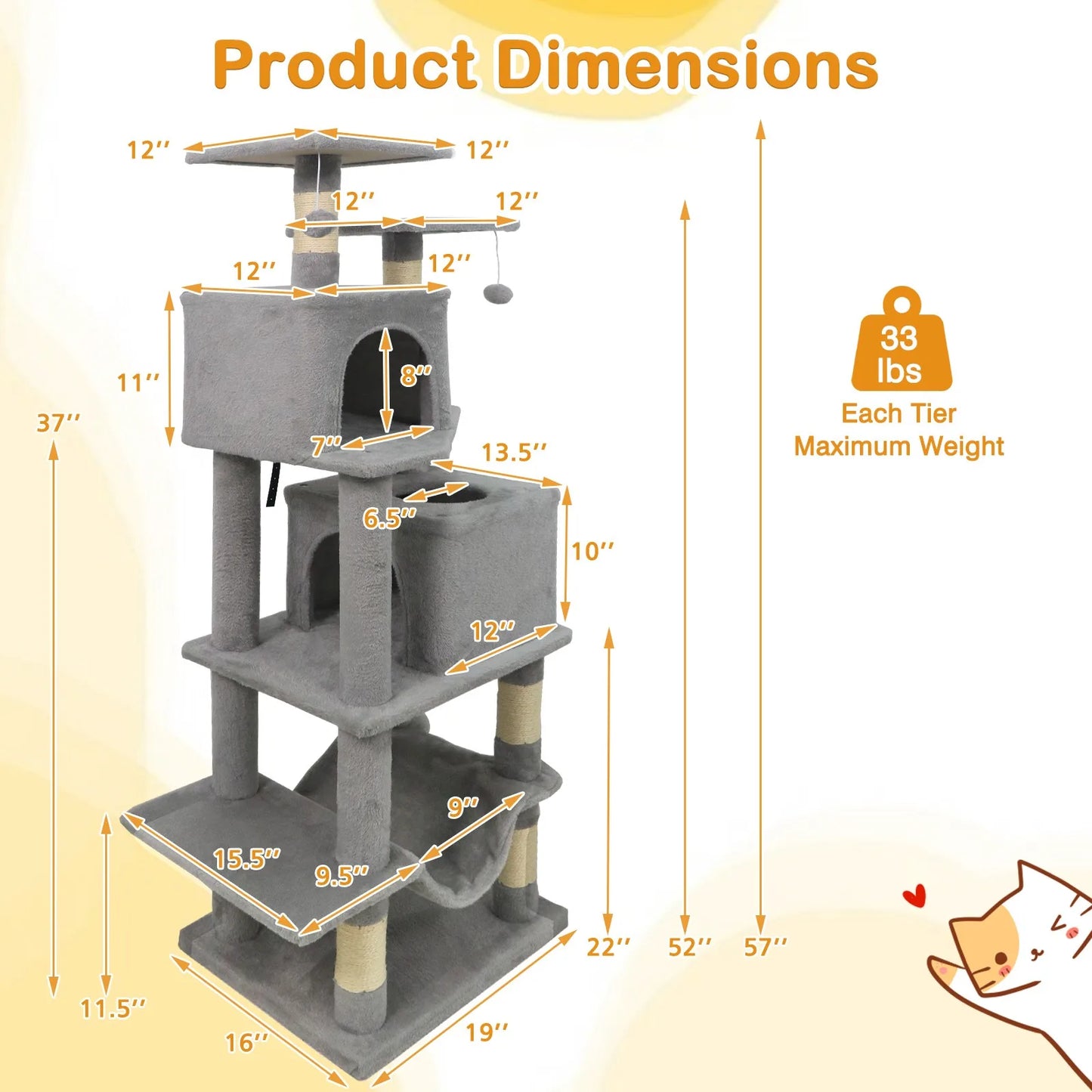 57" Cat Tree for Indoor Cats w/ Dual Condos Hammock