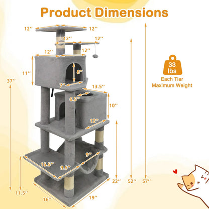 57" Cat Tree for Indoor Cats w/ Dual Condos Hammock
