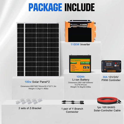 200W Solar Panel Kit + 30A Charge Controller + 100Ah Battery + 1100W Premium Solar Inverter
