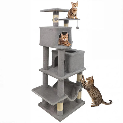 57" Cat Tree for Indoor Cats w/ Dual Condos Hammock