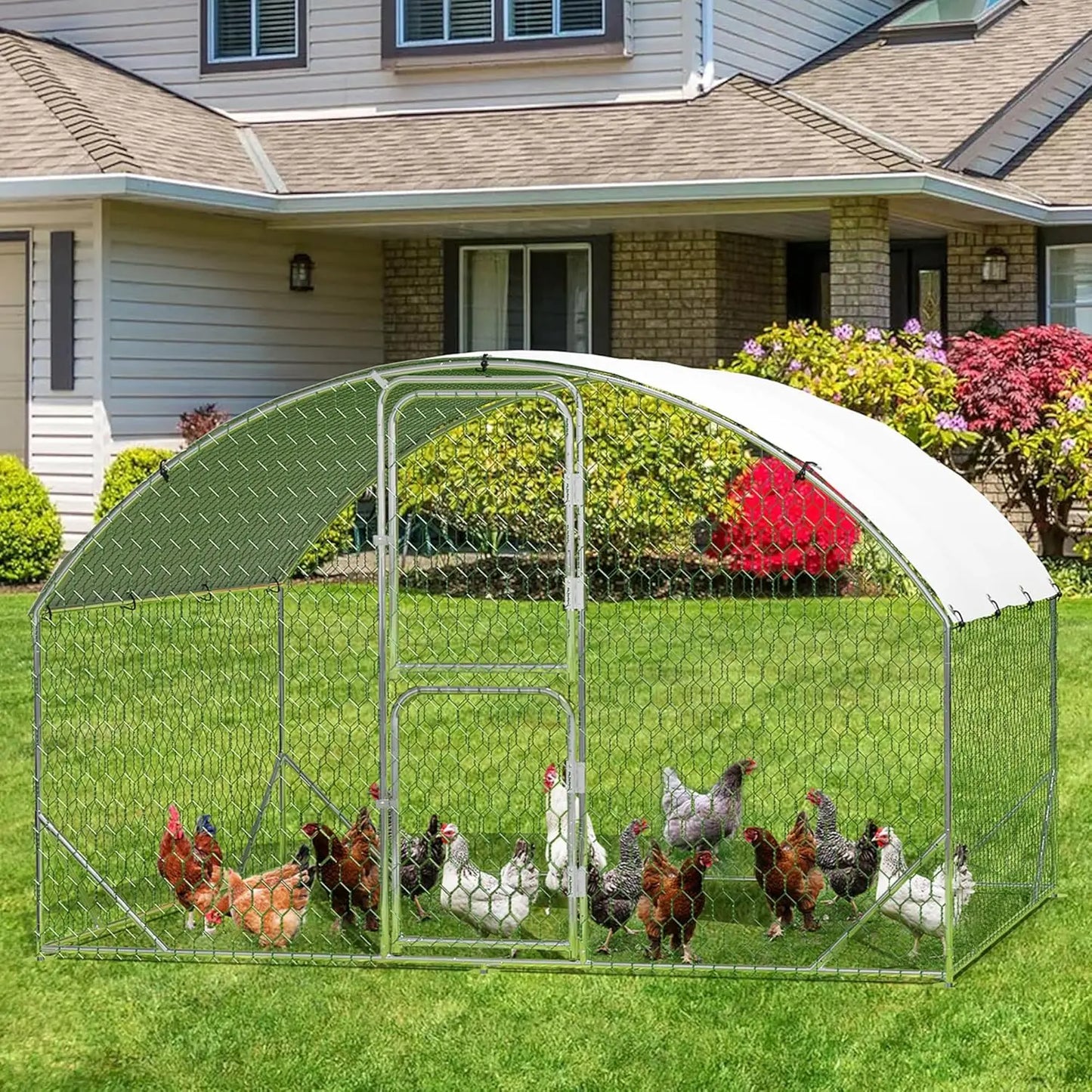 Metal Chicken Coop Walk-in Poultry Cage 9.8 x 6.5 x 6.5ft