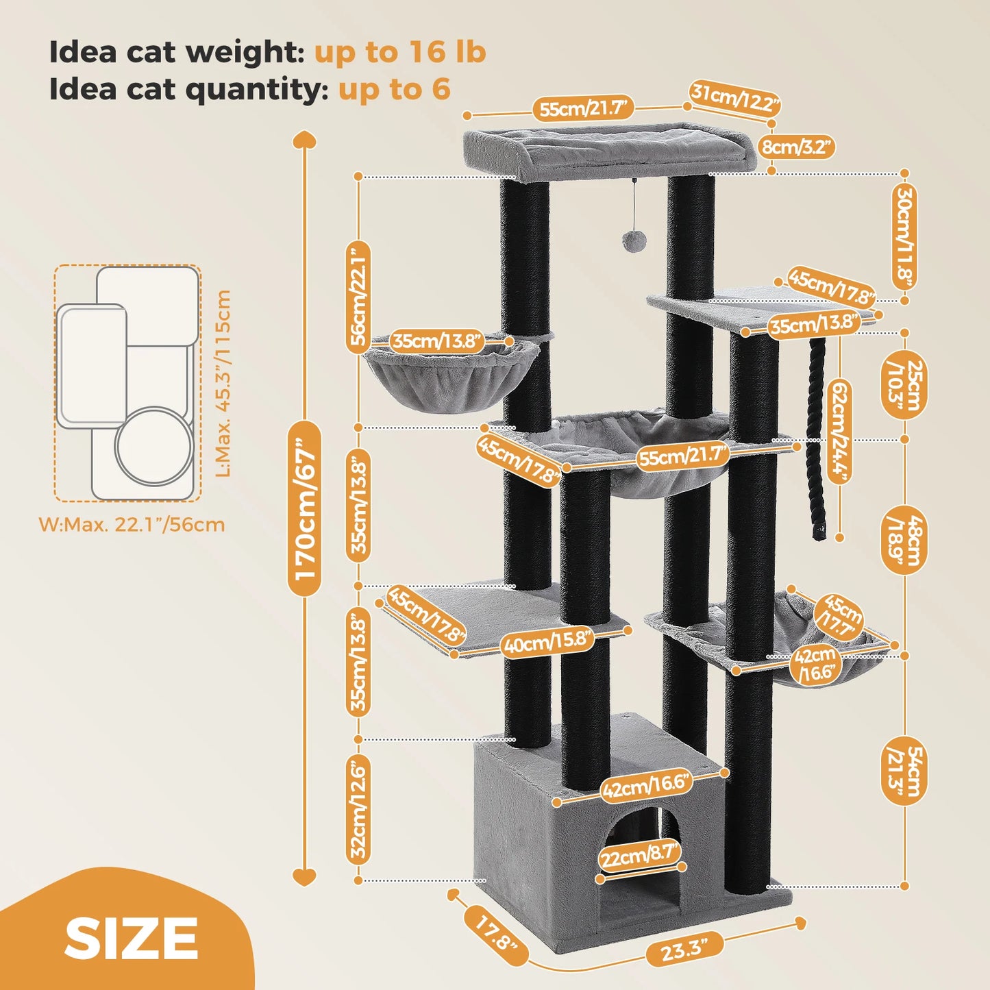 Large Cat Tree Tower for Big Cats w/Hammock, Perch