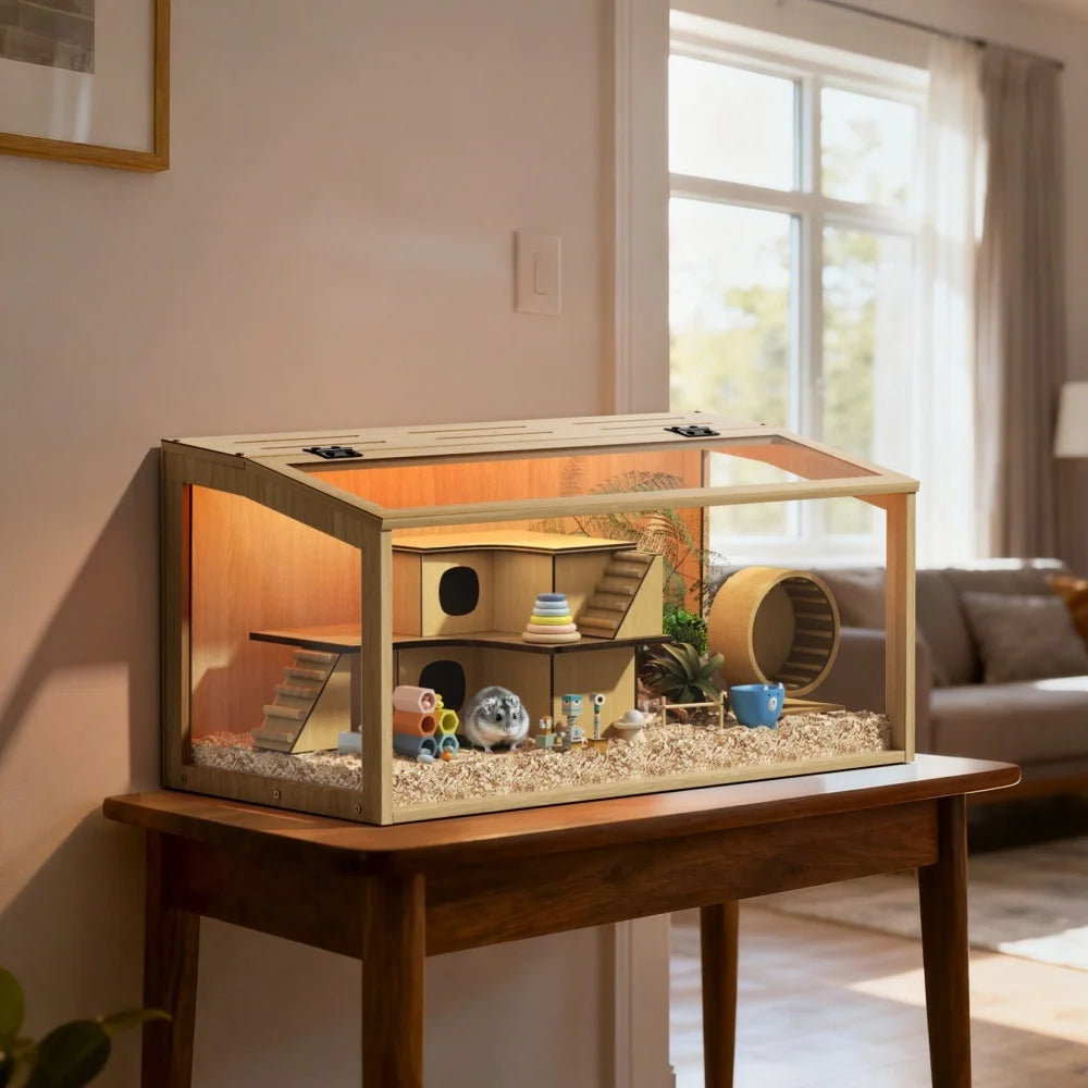 Large Wooden Hamster Cage Clear Tempered Glass