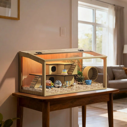 Large Wooden Hamster Cage Clear Tempered Glass