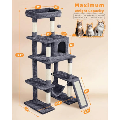 63" Cat Tree w/Sisal Scratching Posts, Condo, Hammock, Dangling Ball
