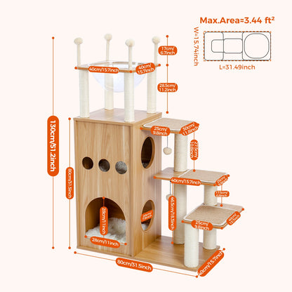 Cat Tree Wood Tower, Scratching Posts, Condo, Hammock, Perch