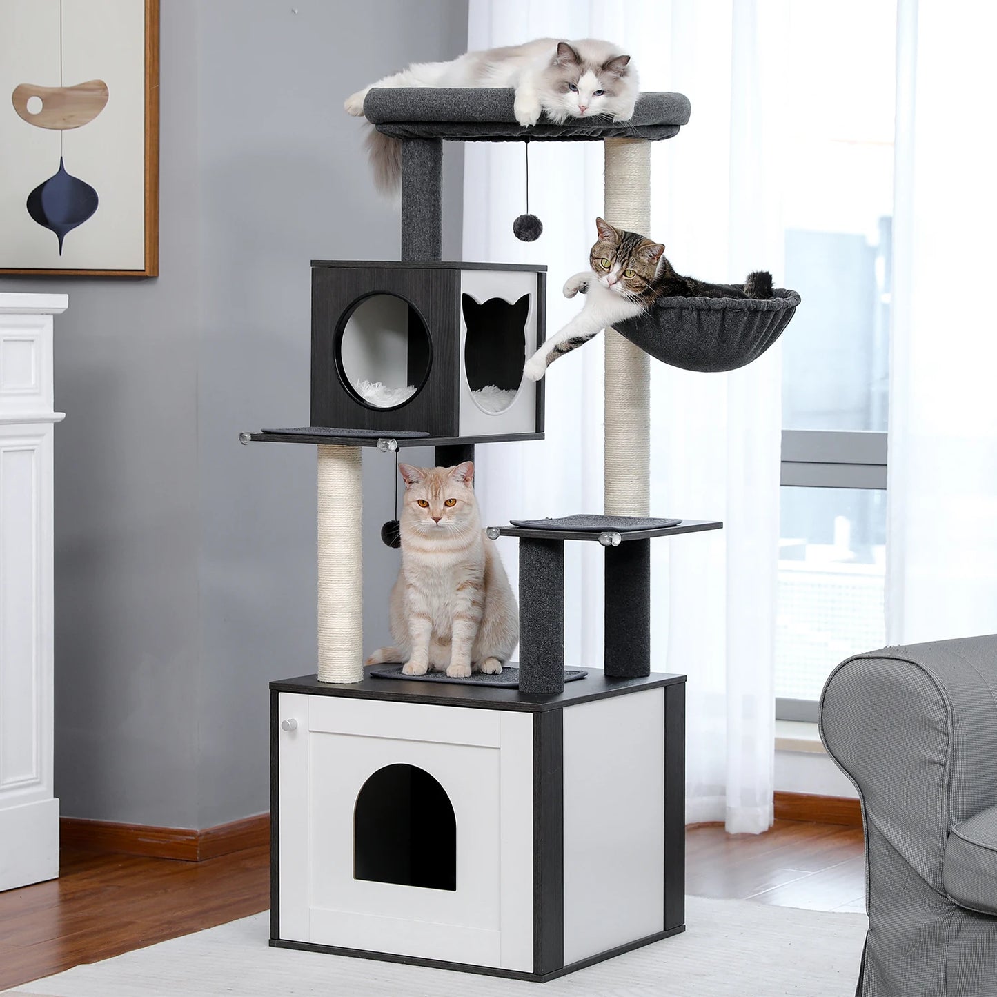 Cat Tree Wood Tower, Scratching Posts, Condo, Hammock, Perch