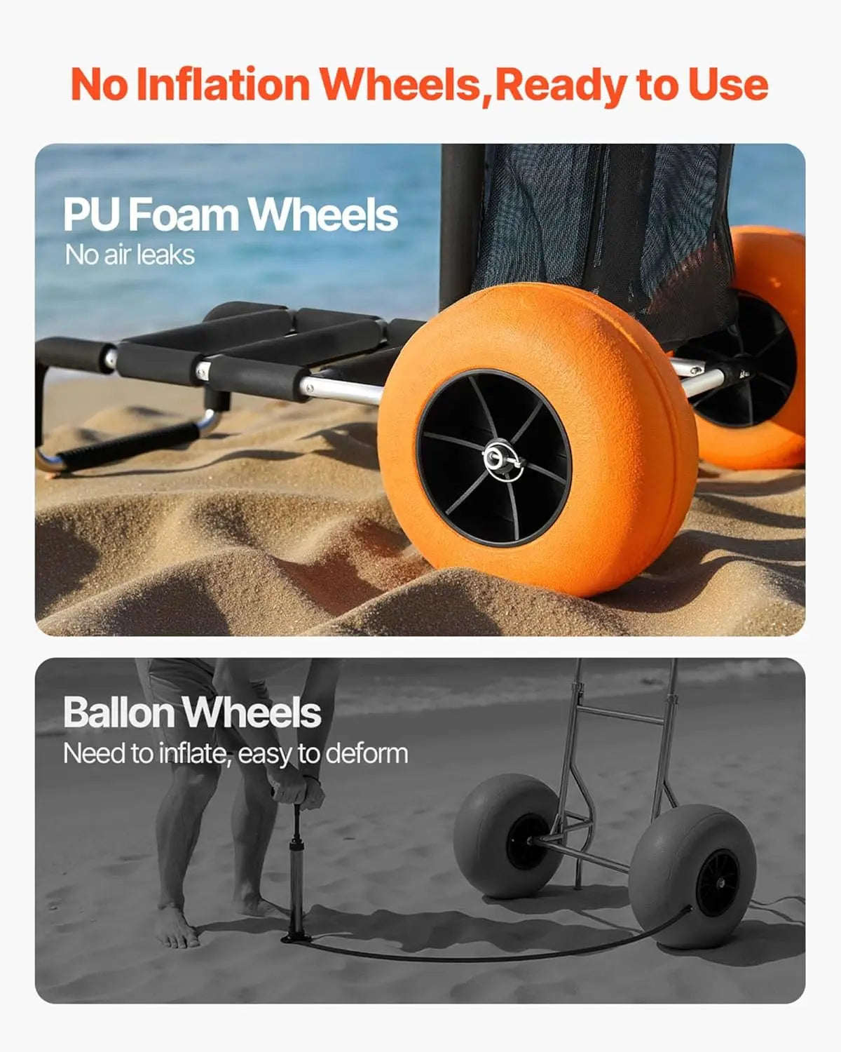 Beach Dolly with 12" Solid Wheels, 165LBS Capacity Folding Cart