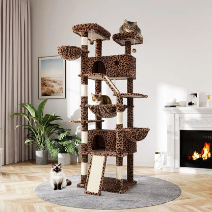 81-Inch Multi-Level Cat Tree Tower with Indoor Climbing, Scratching Posts, Perches, and Hammock in Leopard Print
