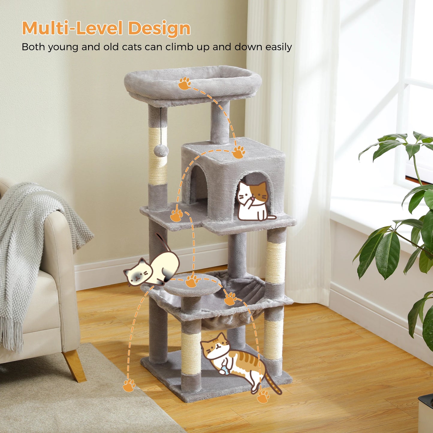 Cat Tree Tower with Metal Frame Hammock, Condo