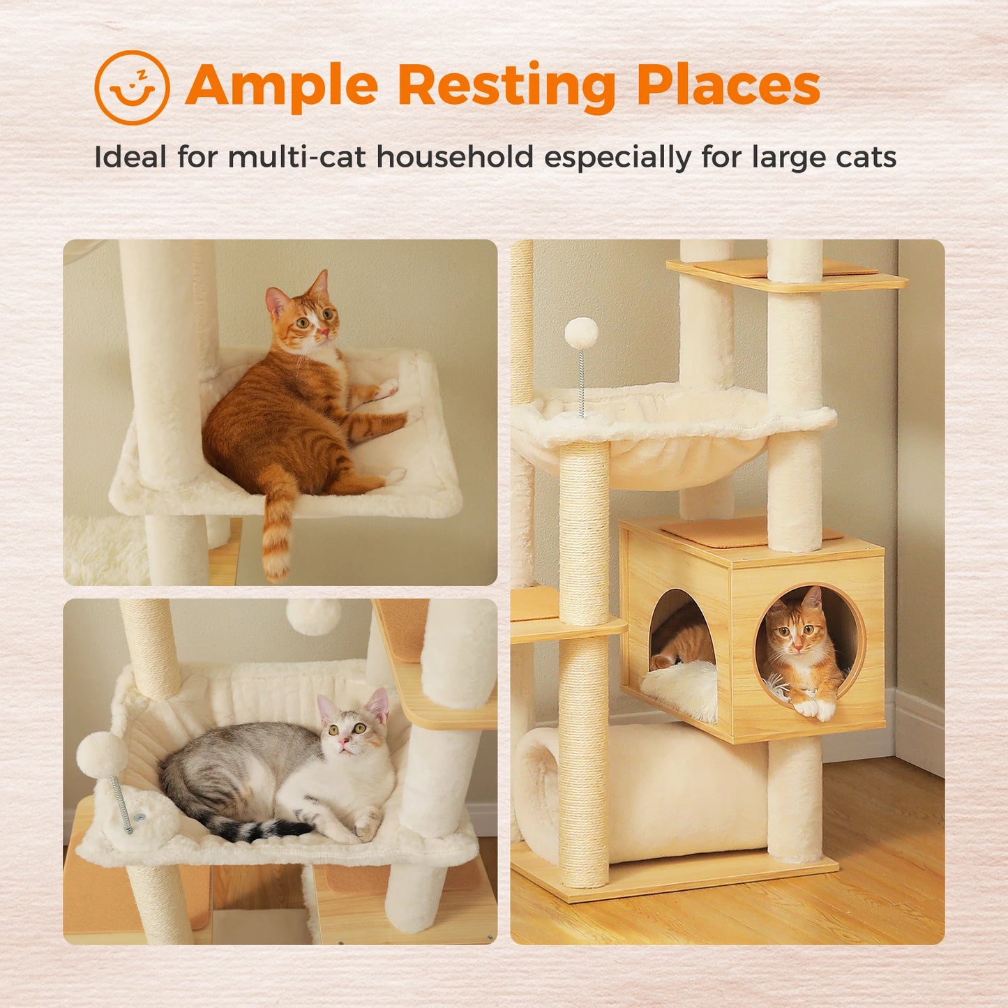 Cat Tree tower Height Adjustable Wooden with Hammock