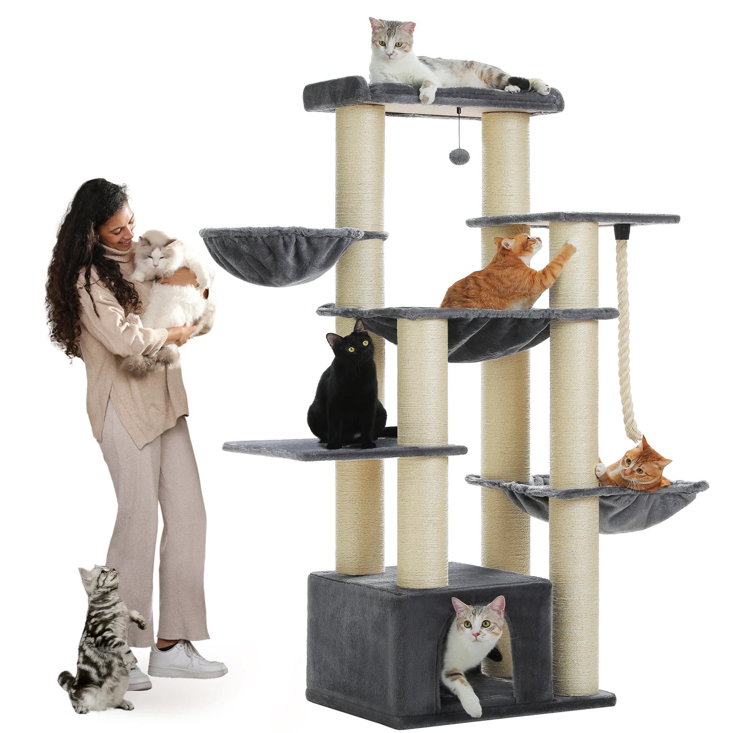 Large Cat Tree Tower for Big Cats w/Hammock, Perch