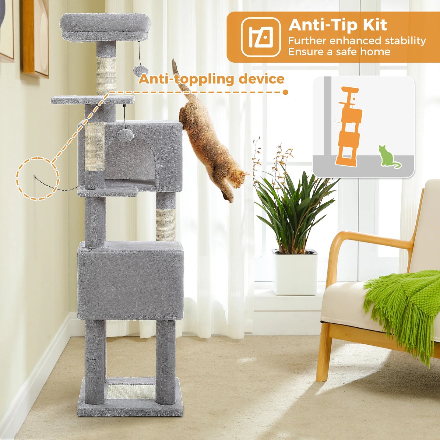Cat Tree Tower with 2 Condos, Scratching Posts, Perch