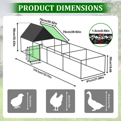 319cm Length Metal Chicken Coop, W/ Run, Netting, Cover