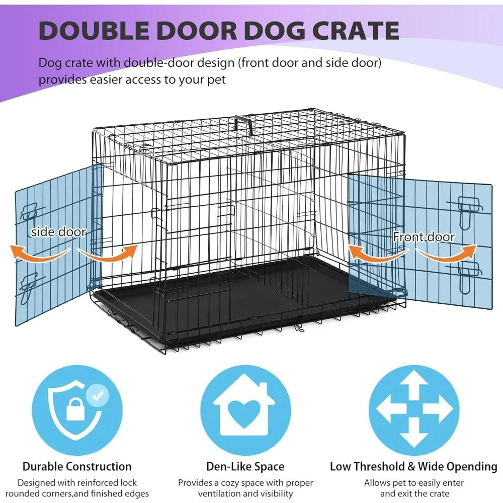 48" Black Foldable Metal Dog Kennel Double Doors