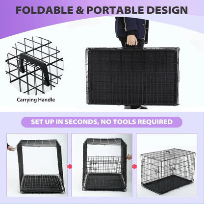 48" Black Foldable Metal Dog Kennel Double Doors