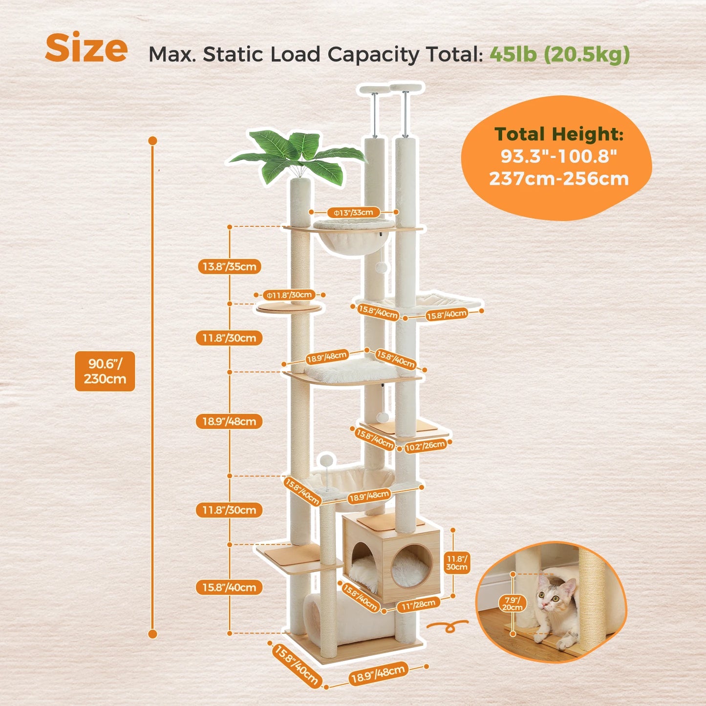 Floor to Ceiling Wooden Cat Tree w/Hammock, Sisal Scratching Posts w/condo