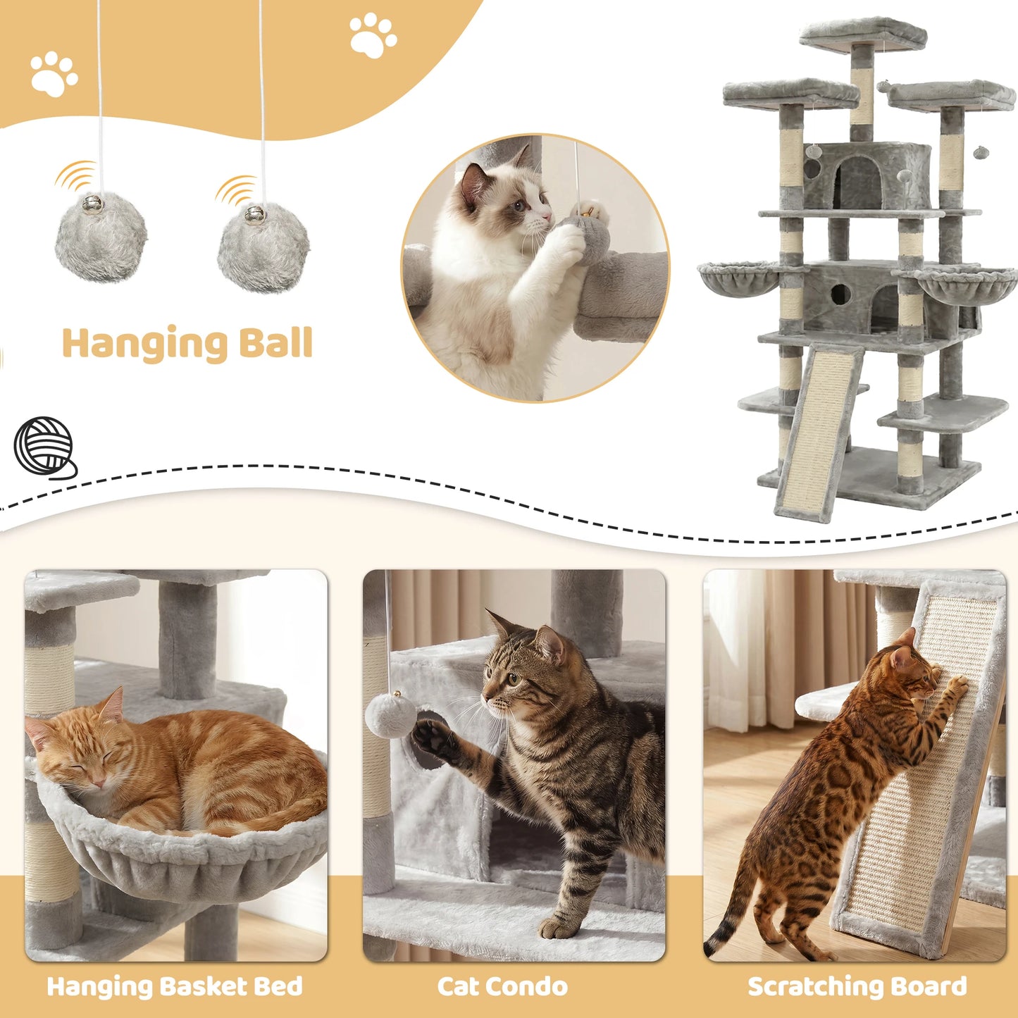 173cm 68in Cat Tree Tower, 2 Condos 3 Perches Scratching Post