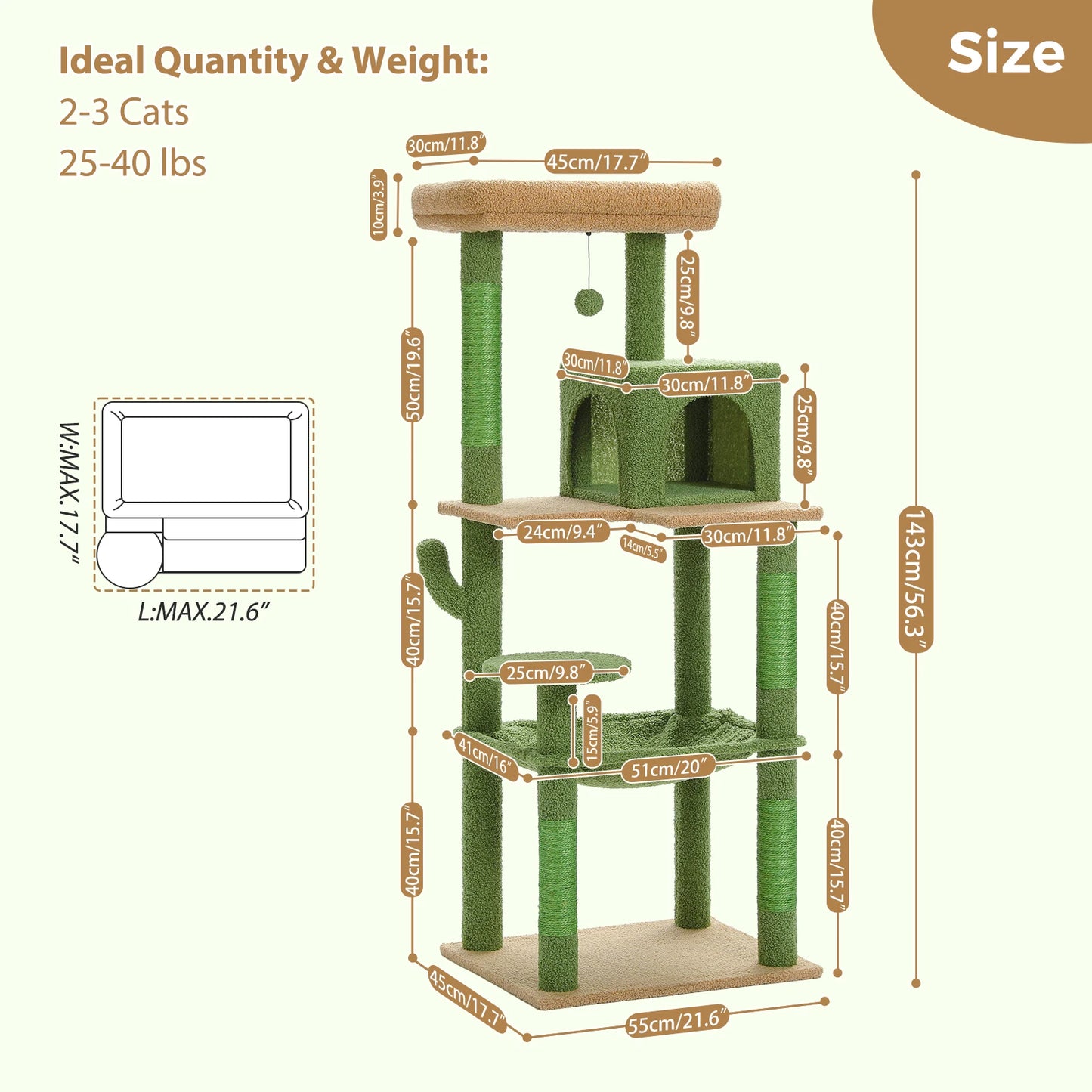 Cactus Cat Tree Tower w/ Metal Hammock
