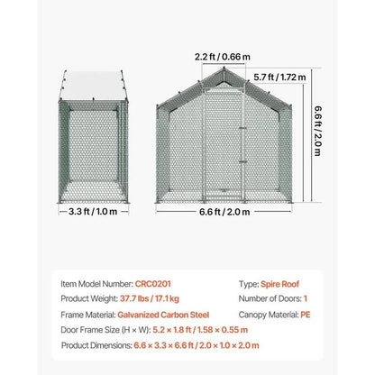 Large Metal Chicken Coop 6.6 x 3.3 x 6.6 ft