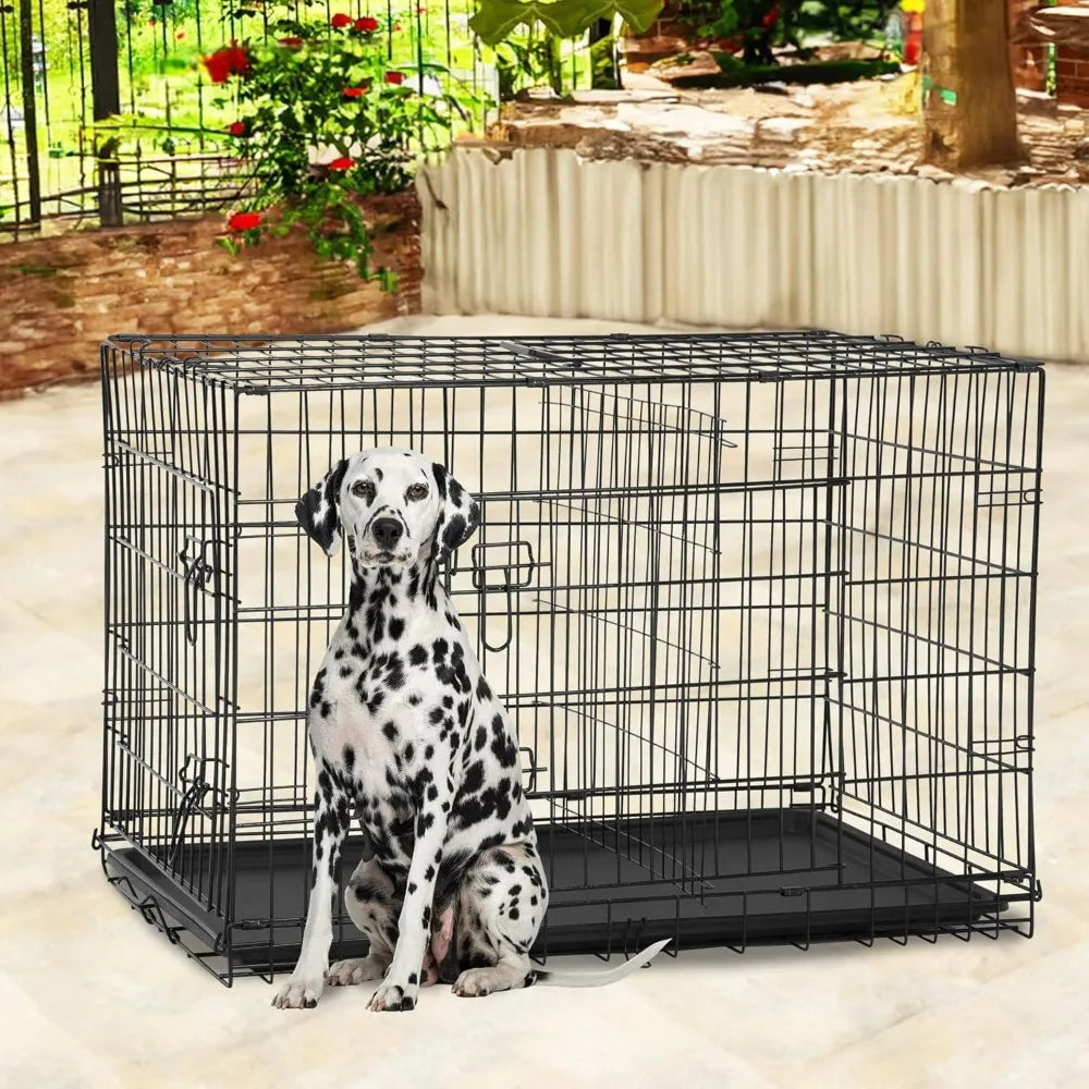 48" Black Foldable Metal Dog Kennel Double Doors