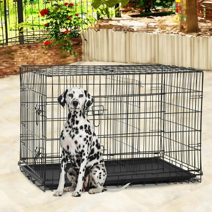 48" Black Foldable Metal Dog Kennel Double Doors