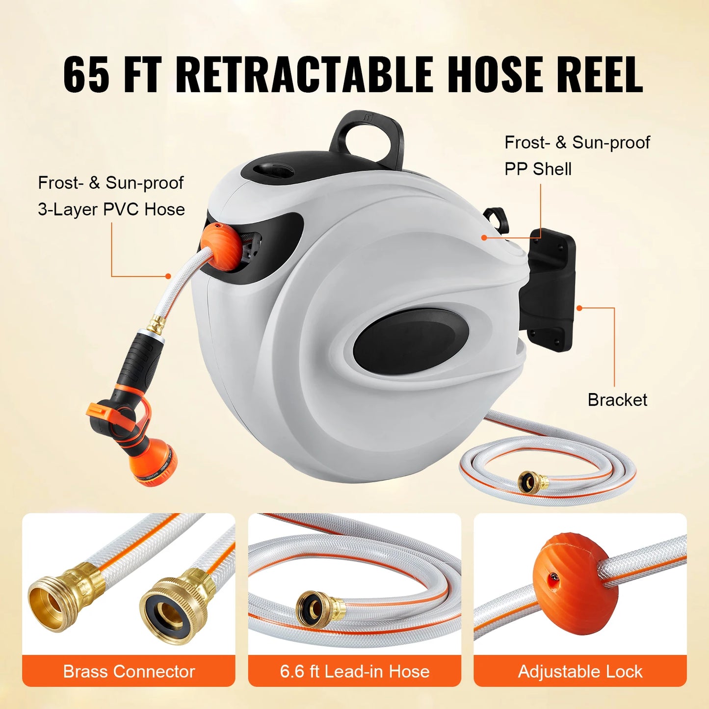Retractable Hose Reel 65ft 5/8 Wall-Mounted