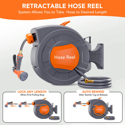 Retractable Garden Hose Reel 65/ 100 ft, Wall Mounted,
