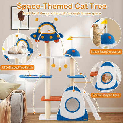 Space Theme Cat Tree Multi-level Cat Tower with Sisal Covered Scratching Posts-Multicolor