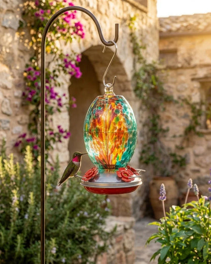 Fire Ocean Olive Hand Blown Glass Hummingbird Feeder OL03E