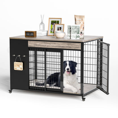 38in  Dog Crate Furniture - Dog Crate With DIY Frame, Sliding Door Indoor Kennel, Wooden Dog Cage End Table, For Medium-Large Breed, Size L
