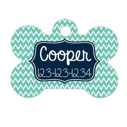 Personalized Dog Name Tag - Dog ID Tag - Mint Navy Custom Dog Collar Tag - Dog Tag Chevron Pattern